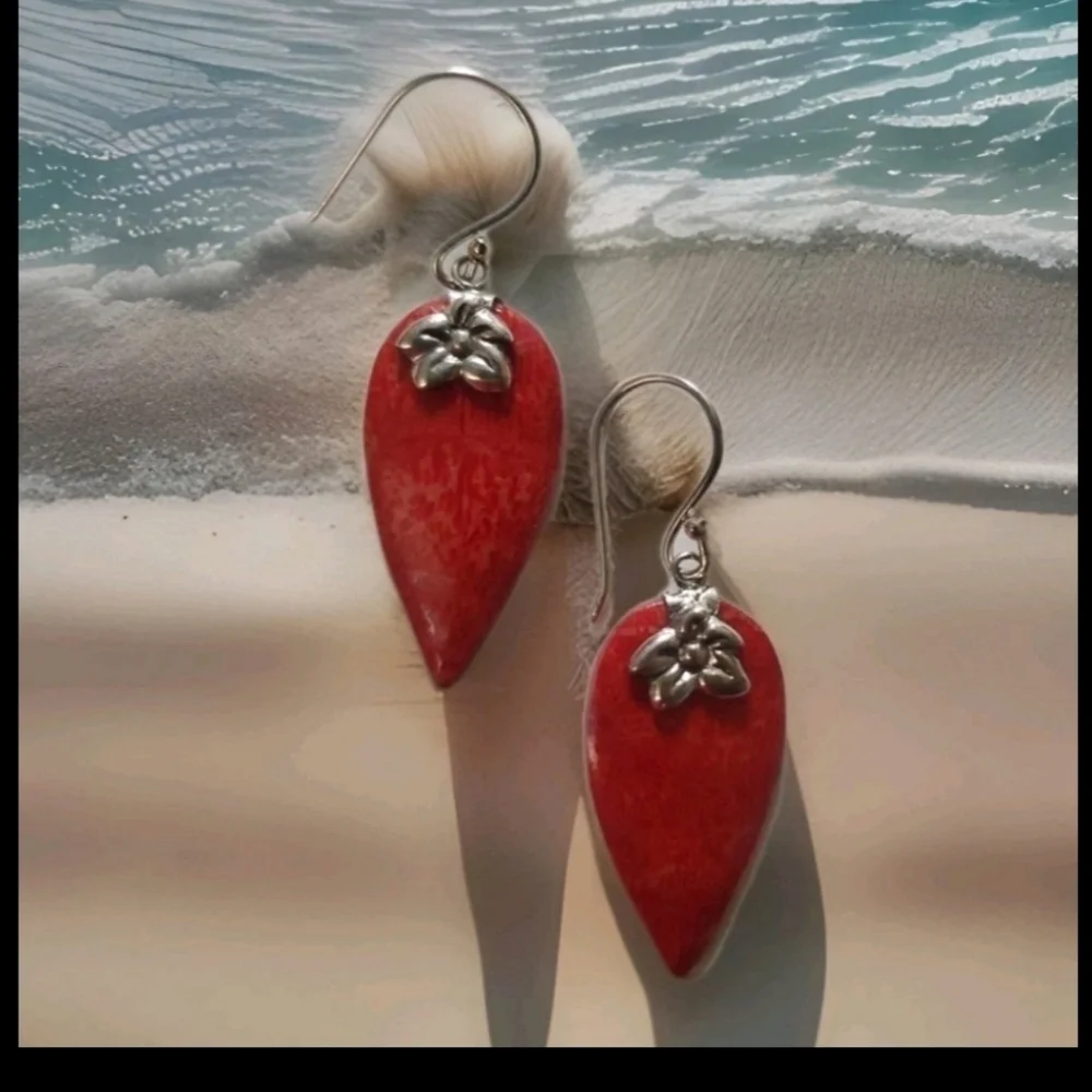 Mediterranean Red Sponge Coral Flower Sterling Silver Dangle Earrings